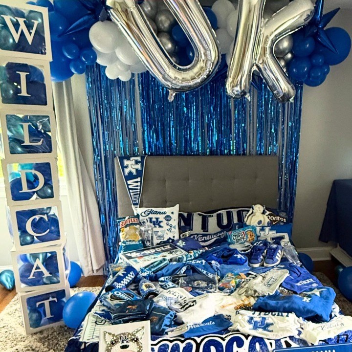 Full themed balloon room takeover in blue and silver